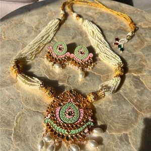 Elegant Gold Necklace Set with Green and Pink